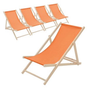 5er Set klappbare, orangefarbene Holz-Liegestühle für Garten, Balkon oder Strand.