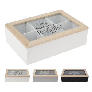 Teebox aus Holz mit 6 Fächern und Glasdeckel, verschiedene Farben verfügbar.