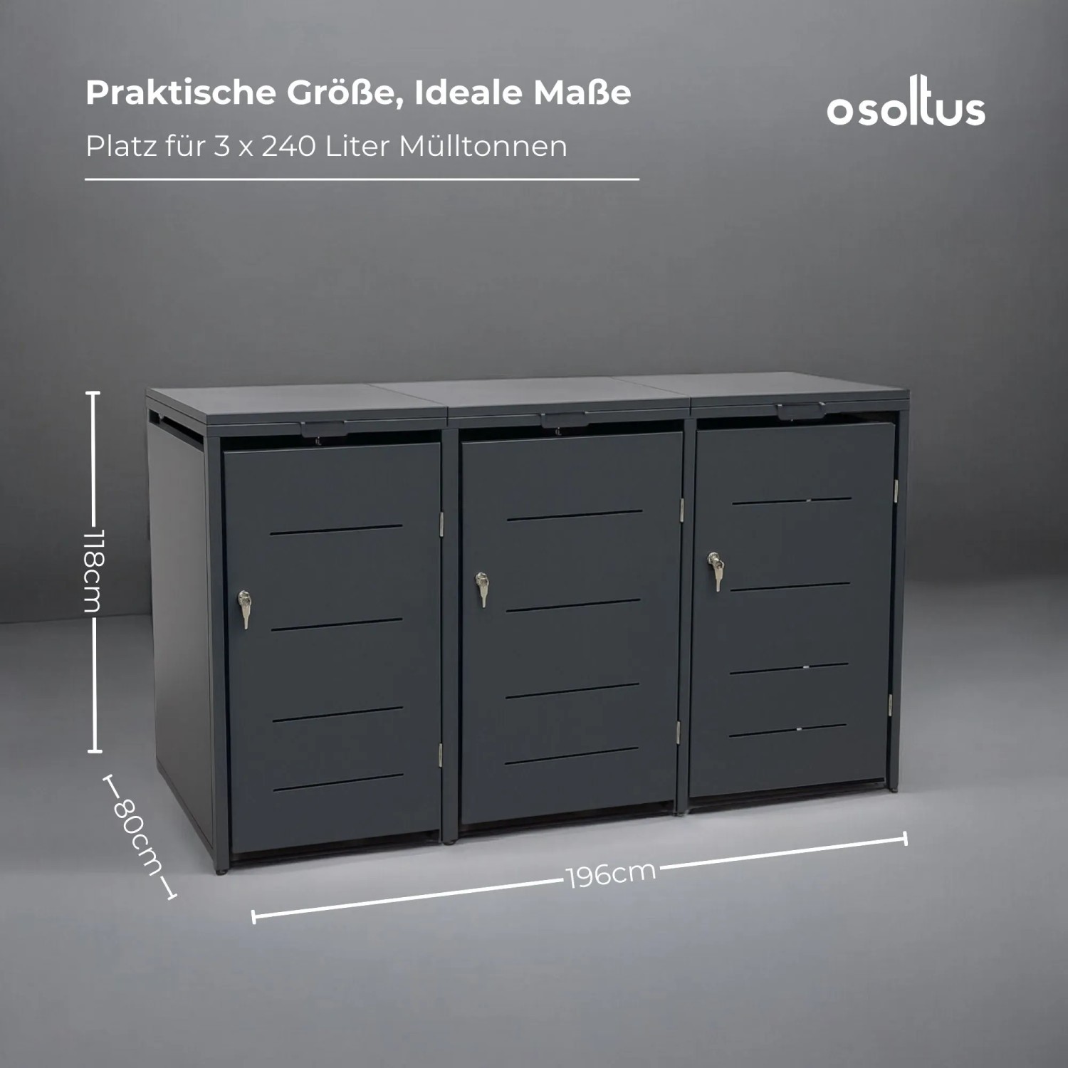 osoltus Mülltonnenbox Conta Anthrazit aus Metall für 3 Mülltonnen, 196x118 cm, mit Türen.