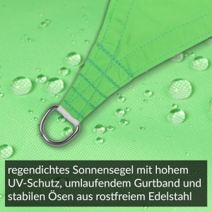Apfelgrünes, dreieckiges Sonnensegel (4x4x4m) mit Edelstahl-Öse, regendicht und UV-Schutz.