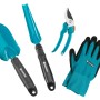Gardena Kleingeräte Set, 4-teilig: Blumenkelle, Unkrautstecher, Gartenschere und Gartenhandschuhe.