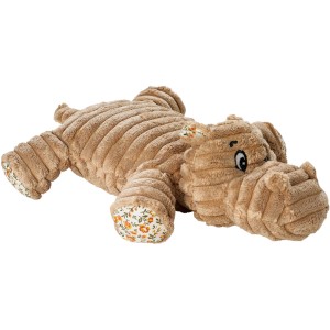 Beiges Hunter Hundespielzeug Huggly Amazonas Hippo aus Cord, 24 cm, mit Blumenmuster an Füßen und Ohren.