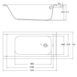 Technische Zeichnung der rechteckigen Badewanne Costa, 140x70 cm, mit Maßangaben.