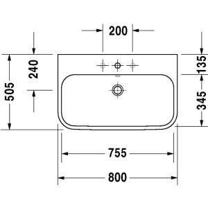Technische Zeichnung: Duravit Happy D.2 Möbelwaschbecken, 80 cm, weiß, mit Hahnloch.