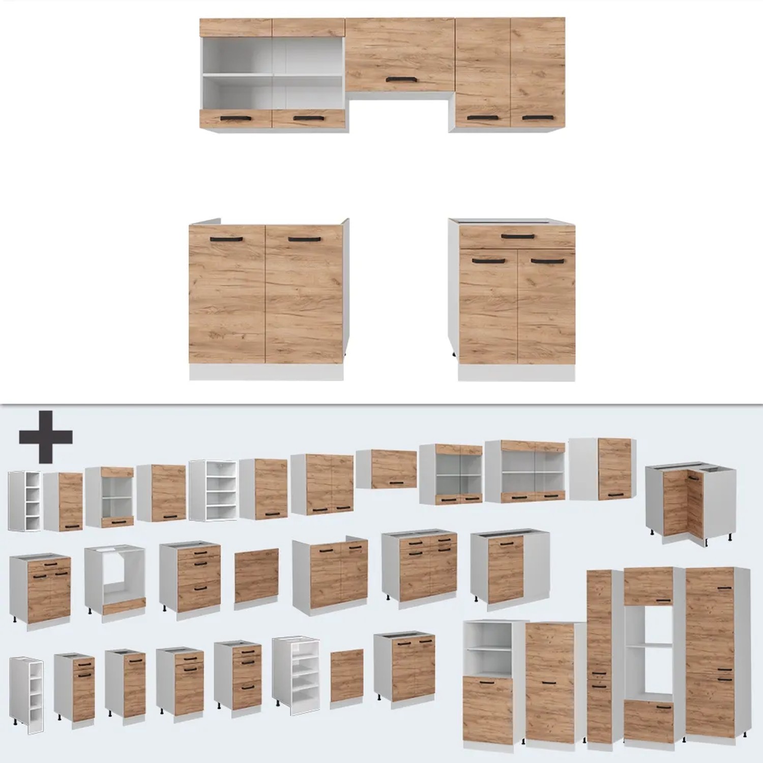 Vicco R-Line Küchenzeile in Goldkraft Eiche/Weiß, 200 cm breit. Küchenblock mit verschiedenen Schränken.