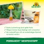 Neudorff Wespenstopp Permanent: Wespenfalle mit gelbem Aufsatz auf Flasche, Wespen am Kuchen.