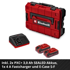 Set für Einhell Akku-Schlagbohrschrauber: roter E-Case Koffer, 4A Ladegerät, zwei 3.0 Ah PXC Akkus.