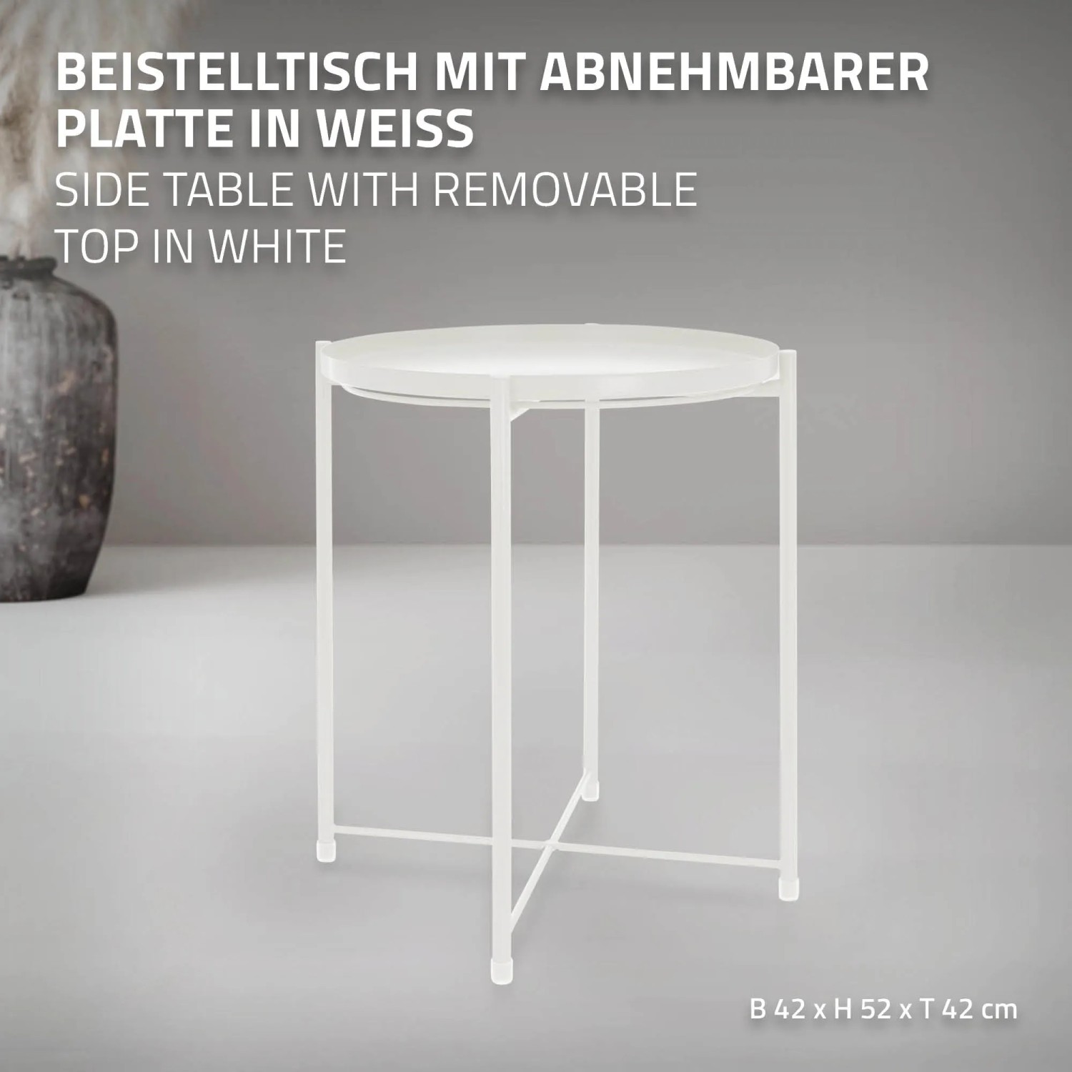 Weißer ML-Design Beistelltisch mit abnehmbarem Tablett aus Metall, rund, 45x52 cm.