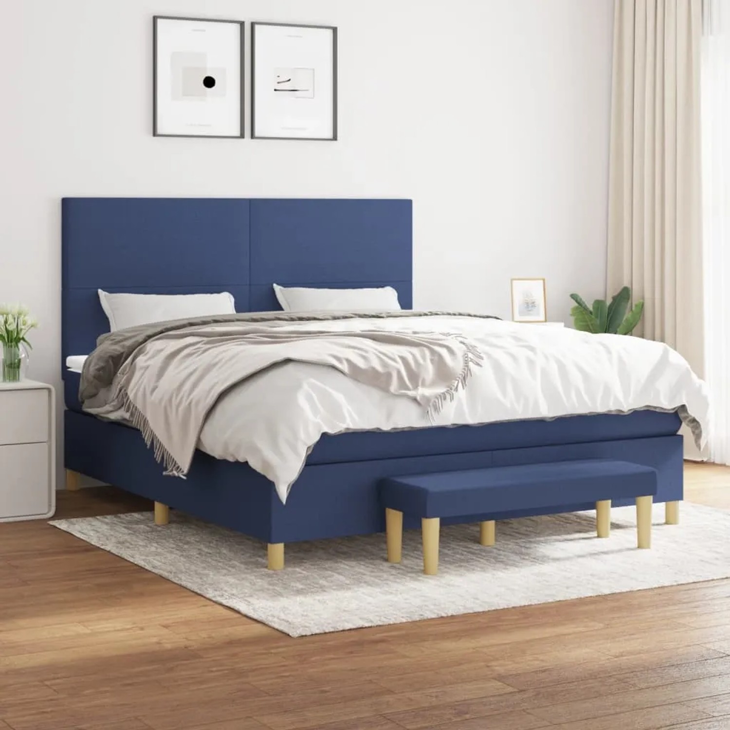Blaues vidaXL Boxspringbett (180x200 cm) mit Matratze und Bank im Schlafzimmer.