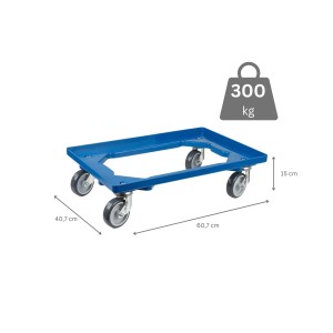 Blauer PROREGAL Transportroller für Euroboxen (60x40 cm) mit 4 Lenkrollen und Gummirädern, Traglast 300 kg.