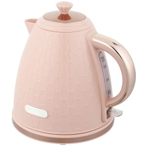 HOMCOM Wasserkocher, hellrosa, mit Wabenmuster und roségoldenen Akzenten, 1,7L Fassungsvermögen.
