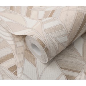 Erismann Vliestapete Elle Decoration 4 Serenade Beige mit stilisierten Blättern und goldenen Konturen.