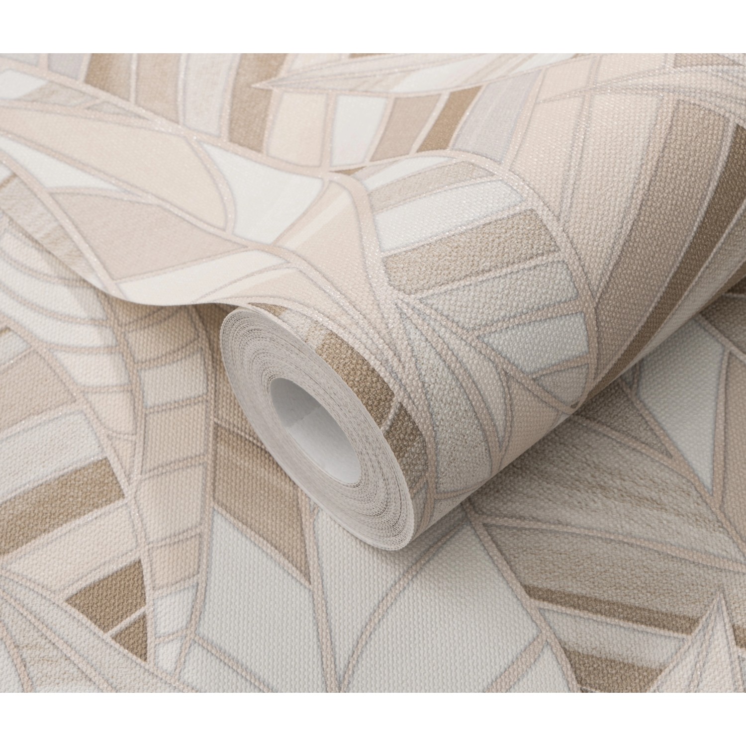 Erismann Vliestapete Elle Decoration 4 Serenade Beige mit stilisierten Blättern und goldenen Konturen.