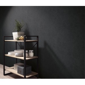 Schwarze Erismann Vliestapete Play of Light Savanna an Wand hinter Regal.