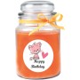 Duftkerze im Glas mit "Happy Birthday" Katze Motiv und Honigmelonen Duft.
