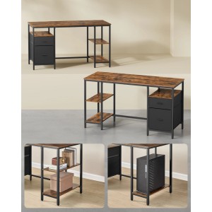 Vasagle Schreibtisch, braun-schwarz, 140 cm breit, mit 3 Ablagen für Büro oder Arbeitszimmer.