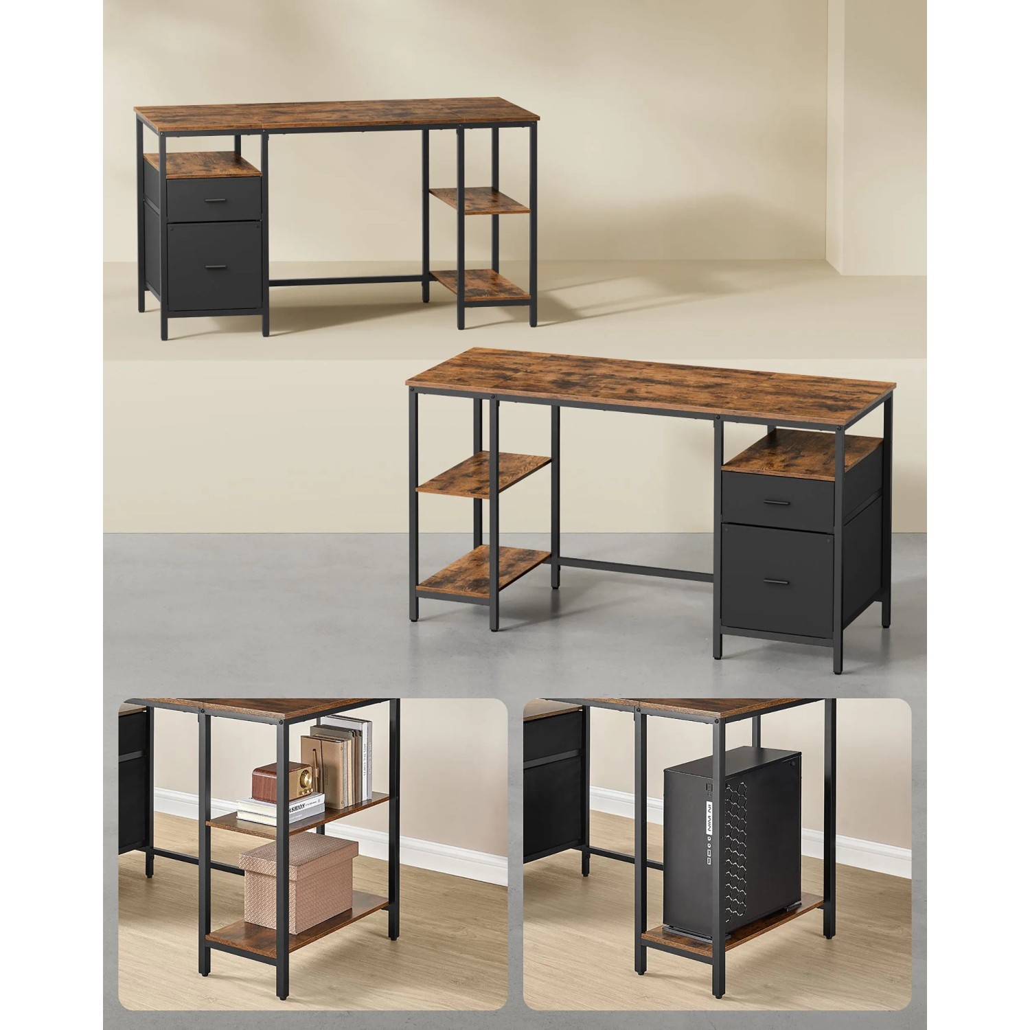 Vasagle Schreibtisch, braun-schwarz, 140 cm breit, mit 3 Ablagen für Büro oder Arbeitszimmer.