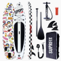 Suprfit SUP Board Set, weiß mit Sticker-Design. Aufblasbares Stand-Up Paddling Board, Paddel, Pumpe, Finnen, Rucksack.