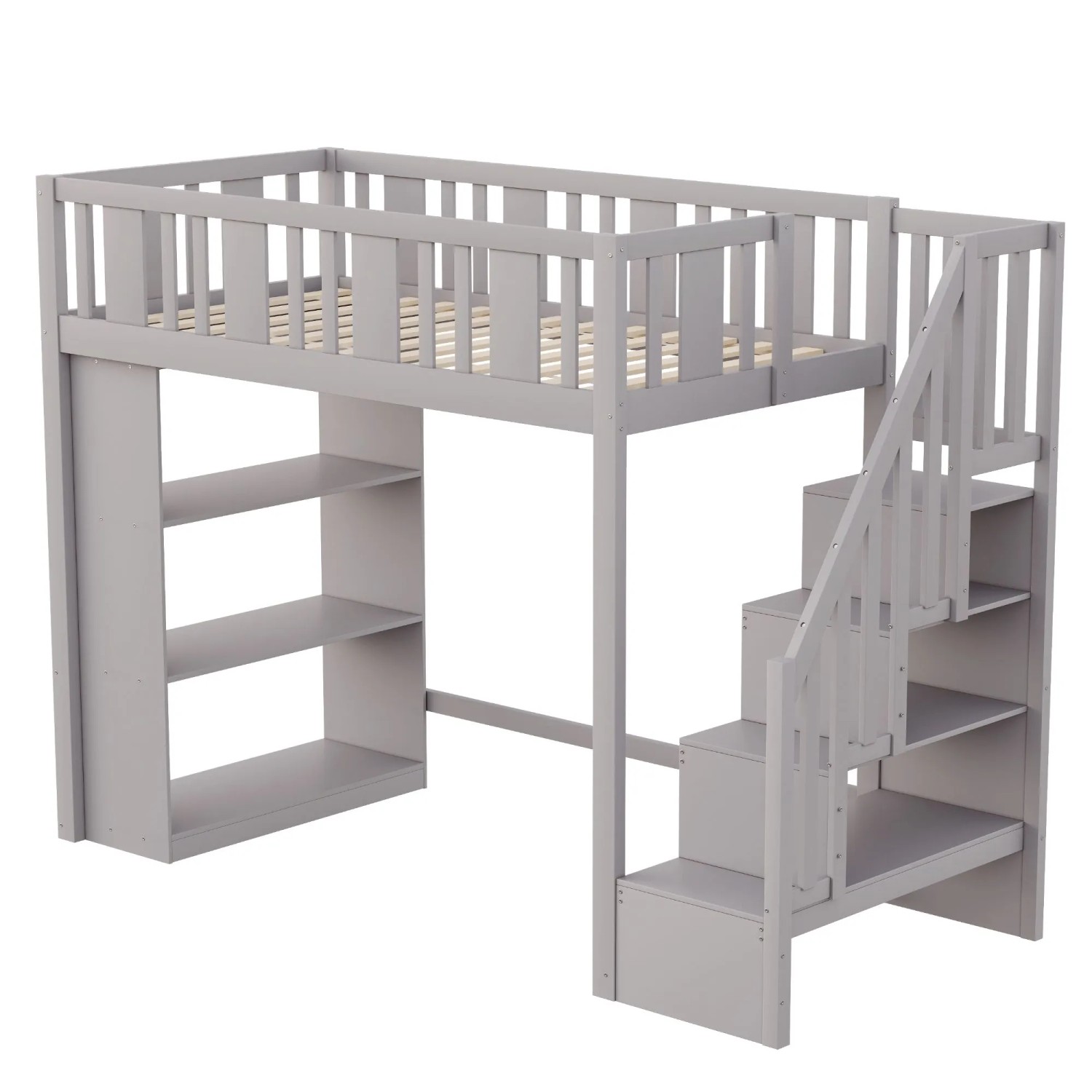 okwish Hochbett 90x200cm mit Stauraumtreppe Kinderzimmer Grau ohne Matratze