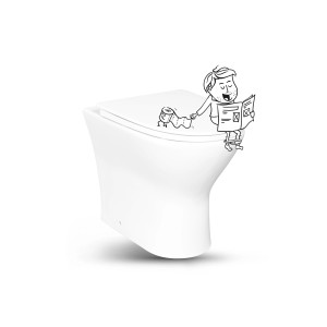 Weißes, spülrandloses baliv Stand-WC mit Cartoon-Illustration einer Person mit Zeitung.