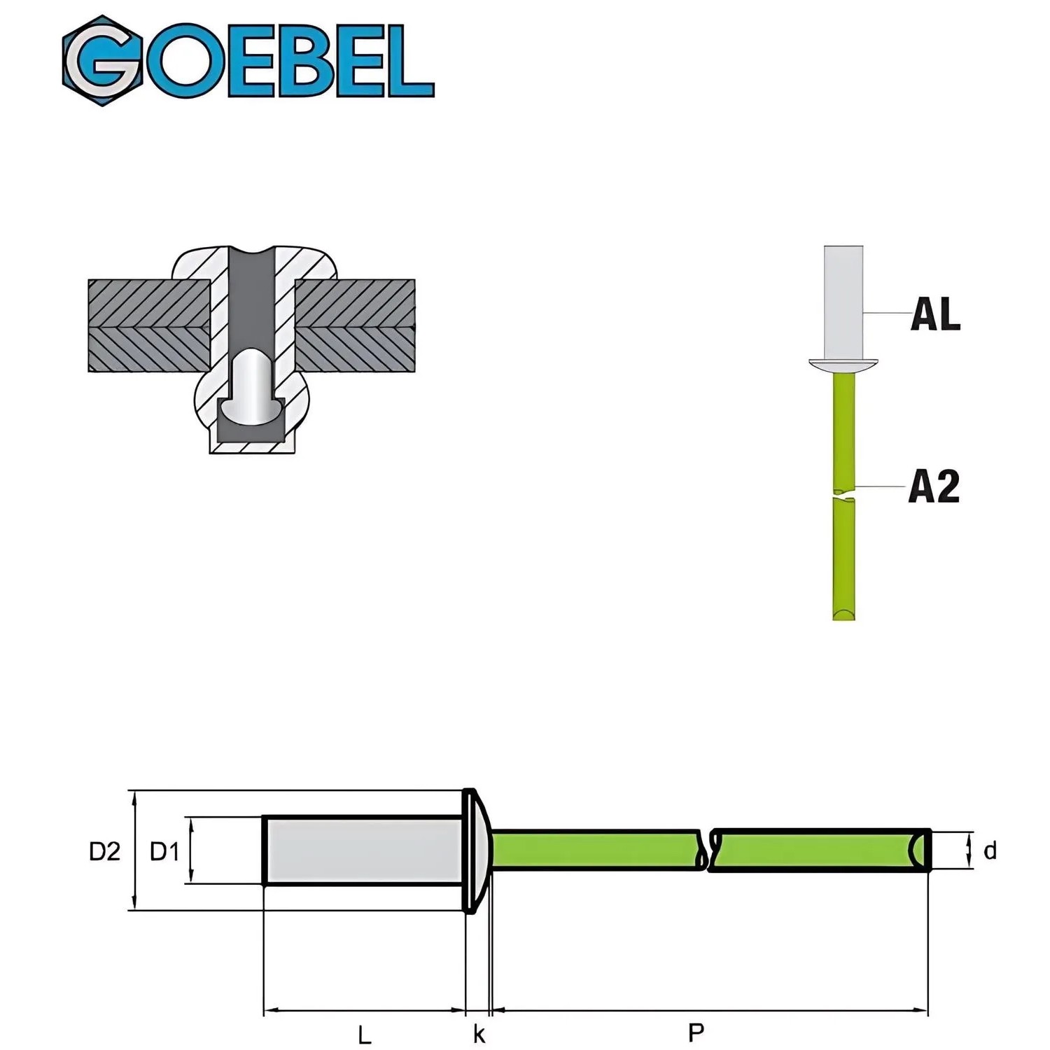 Technische Zeichnung einer Goebel Becher-Blindniete 4,0 x 11,0 mm aus Aluminium und Edelstahl A2.