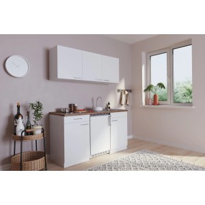 Respekta Economy Küchenzeile KB150WWC, 150 cm, Weiß Glänzend mit Glaskeramikkochfeld und Kühlschrank.