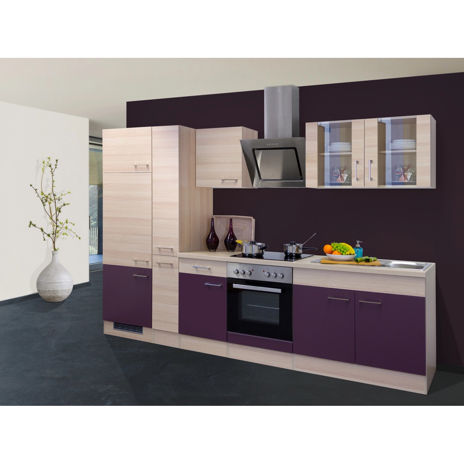 Flex-Well Exclusiv Küchenzeile Focus 300 cm Akazie-Aubergine günstig online kaufen