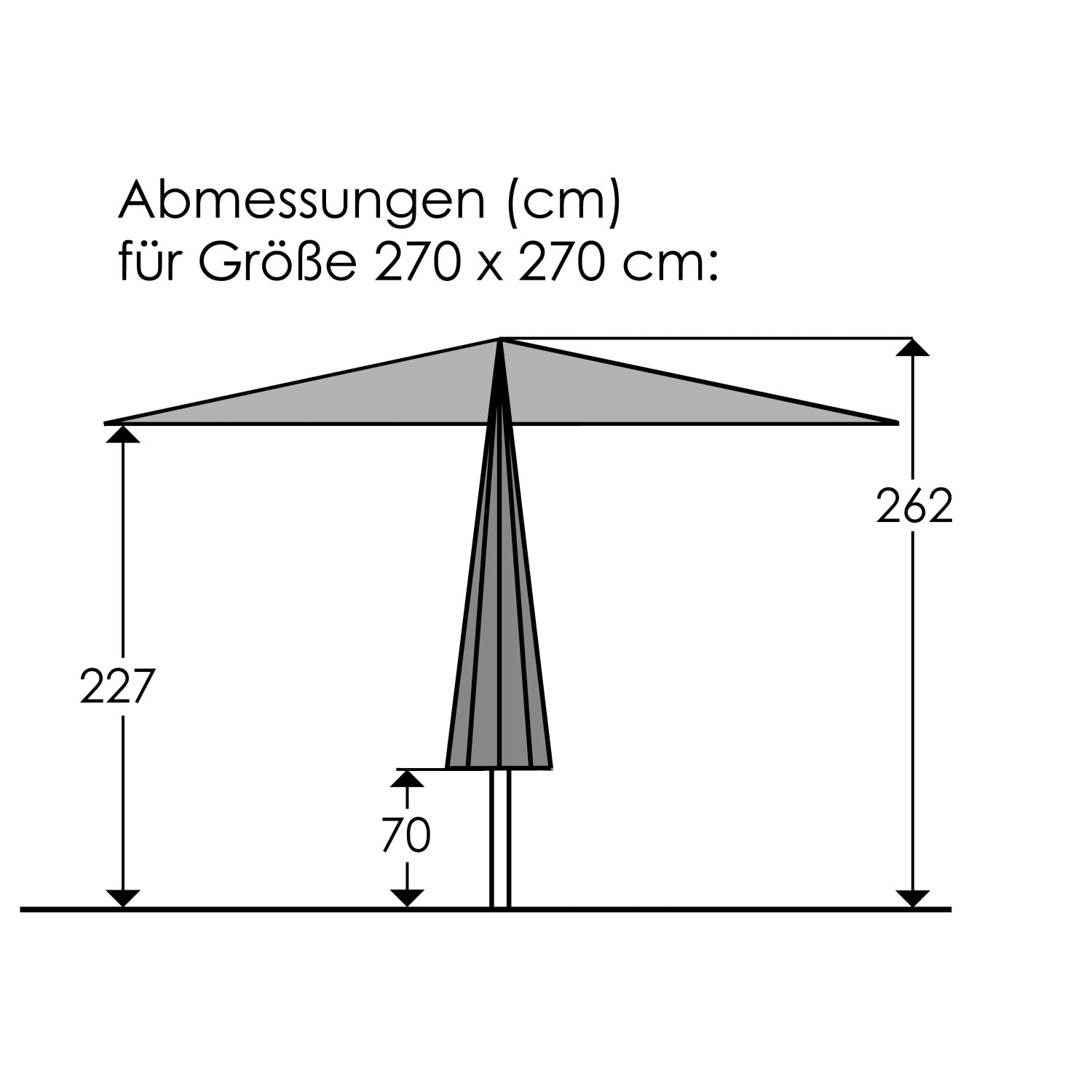 Skizze: Schneider Marktschirm 270x270 cm, Natur, Maße und Details.