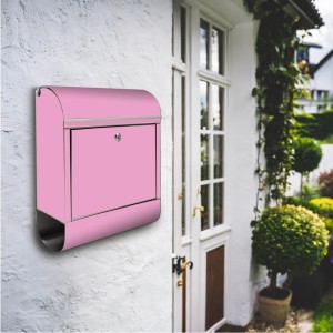 Edelstahl Briefkasten mit Zeitungsfach und Rosen Motiv, Farbe Rosa.