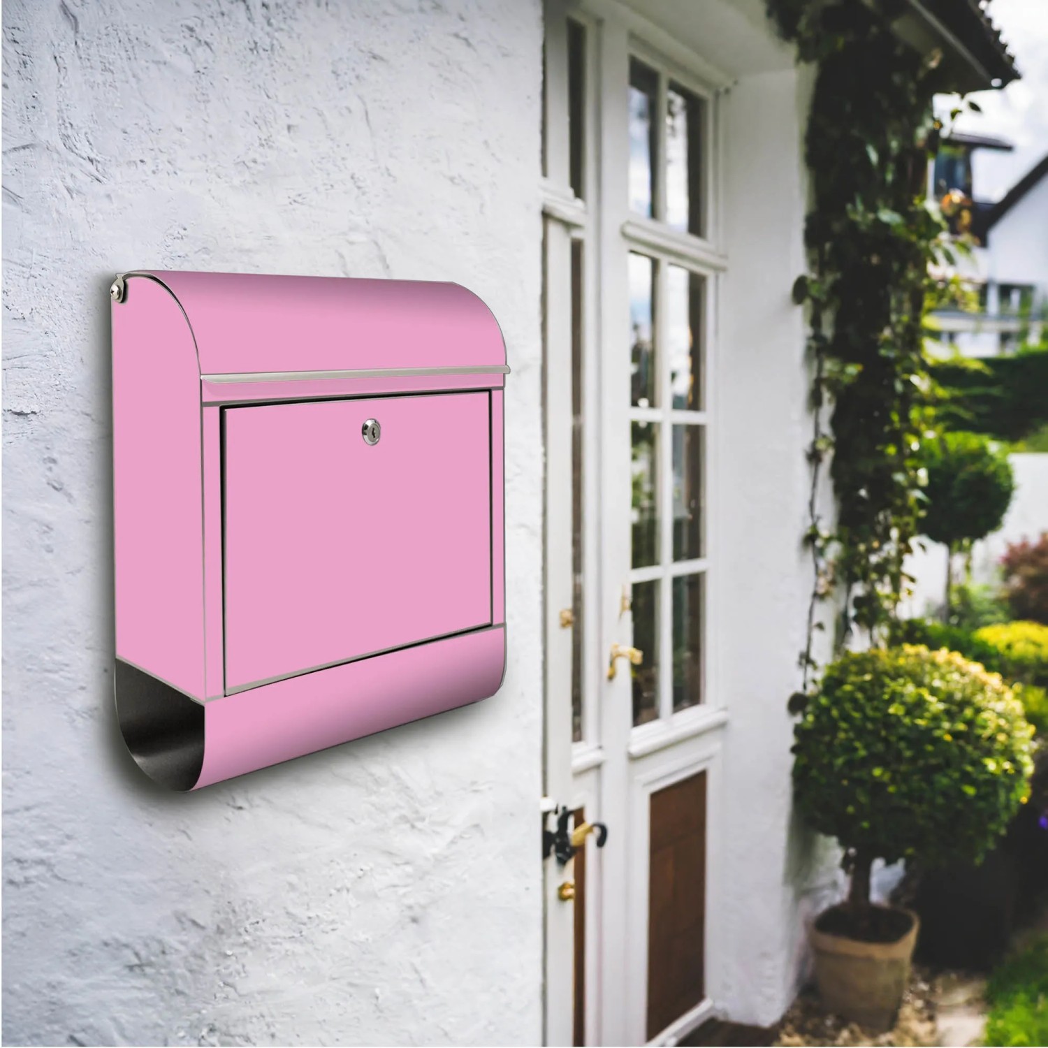Edelstahl Briefkasten mit Zeitungsfach und Rosen Motiv, Farbe Rosa.