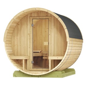 Weka Fasssauna 198 aus Holz mit Glastür und Bänken, ideal für den Garten.