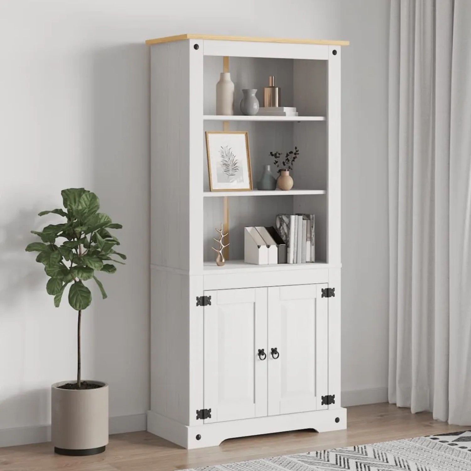 Weißer Buffetschrank im Mexiko-Stil aus Kiefernholz mit brauner Oberplatte, 80x40x170 cm. Büroschrank mit Regalen und Schrankfach.