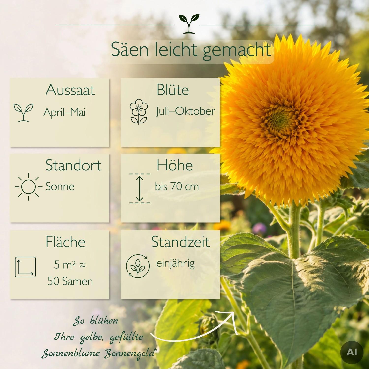 Gelbe, gefüllte Sonnenblume Sonnengold mit Pflanzanleitung. 50 Blumensamen Helianthus annuus für Garten & Bienen.