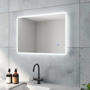 Aquabatos Badspiegel 70x50 cm mit LED-Beleuchtung, Kaltweiß, Dimmfunktion und Touch-Schalter.
