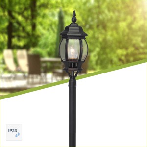 Schwarze Brilliant Außenstandleuchte Istria aus Aluminium-Druckguss und Glas für Garten und Hof.