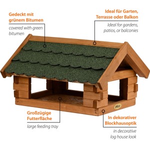 Vogelhaus Blockhaus aus Kiefernholz mit grünem Bitumendach und großer Futterfläche für den Garten.