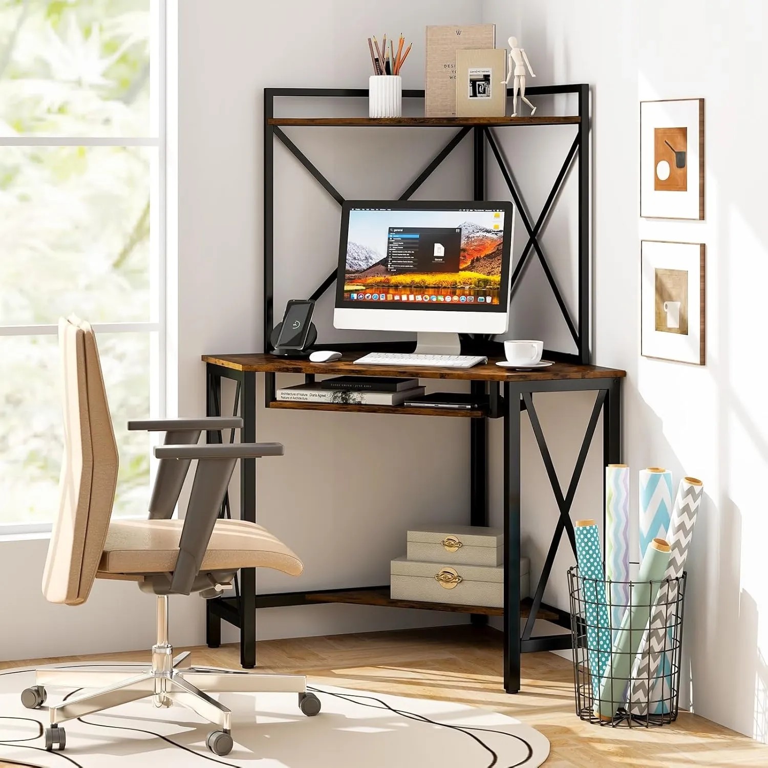 Costway Schreibtisch mit Ladestation 80 x 80 x 145 cm Vintage_2
