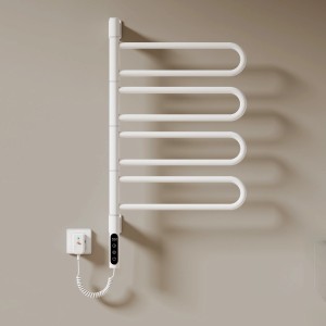 Weißer Emke elektrischer Handtuchtrockner mit drehbaren Stangen, LED-Display und Steuerung, an Wand montiert.