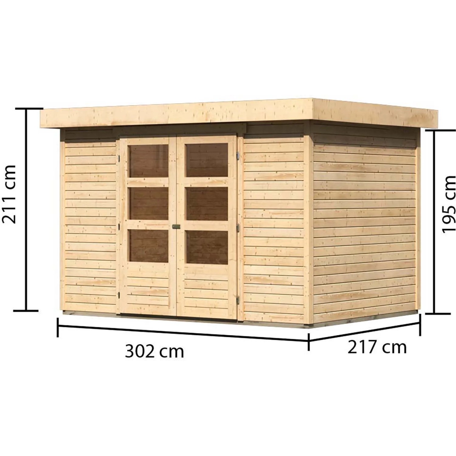 Karibu Holz-Gartenhaus Boras, unbehandelt, mit Flachdach und Doppeltür. Abmessungen: 298x213 cm.