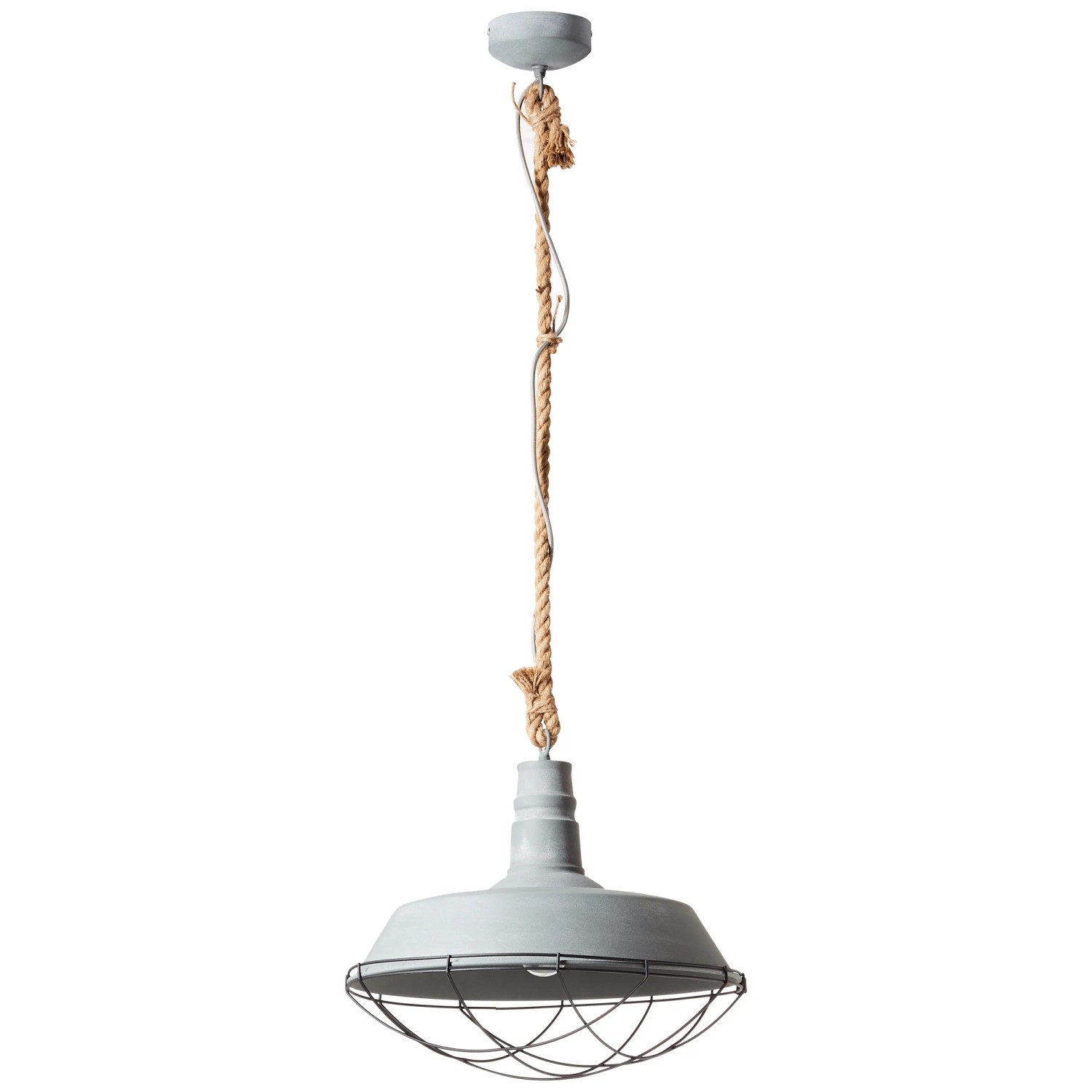 Betongraue Brilliant Pendelleuchte Rope mit Seilaufhängung und Metallschirm mit Drahtkorb.