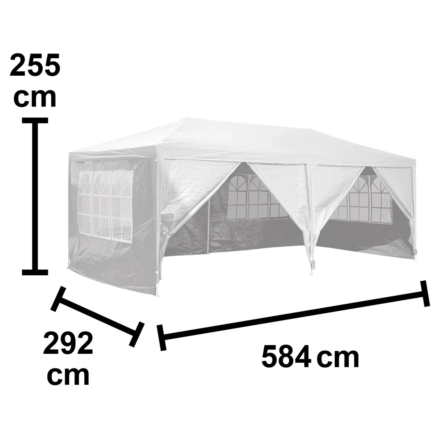 Weißer Pavillon Tavares mit Maßangaben (584x292x255 cm) für Garten & Terrasse.