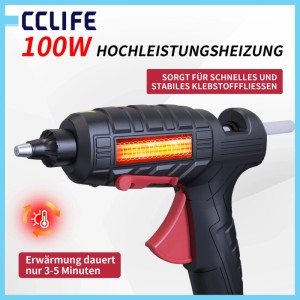 Schwarze CCLIFE 100W Heißklebepistole mit rotem Abzug, glühendem Heizelement und Klebestift. Ideal für Basteln & Reparaturen.