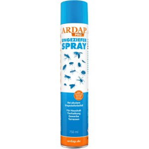 Blau-weiße Spraydose ARDAP Pro Ungeziefer Spray 750ml mit Insekten-Symbolen. Für Haus, Tierhaltung & Garten.