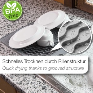 Graue SOTECH Abtropfmatte aus Silikon mit Geschirr, hitzebeständig und flexibel.