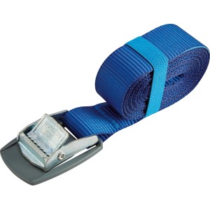 Blauer Zurrgurt mit Klemmschloss, 2,5 cm x 400 cm, aufgerollt.