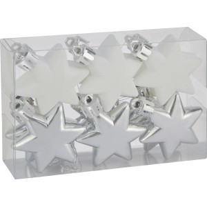 Baumschmuck-Set mit 12 silber-weißen Sternen (5 cm) zur Weihnachtsdekoration.