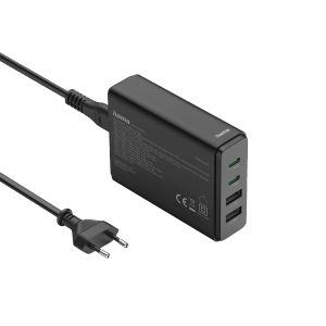 Schwarze Hama USB-Ladestation mit 4 Ports (2x USB-C, 2x USB-A) und Netzkabel.