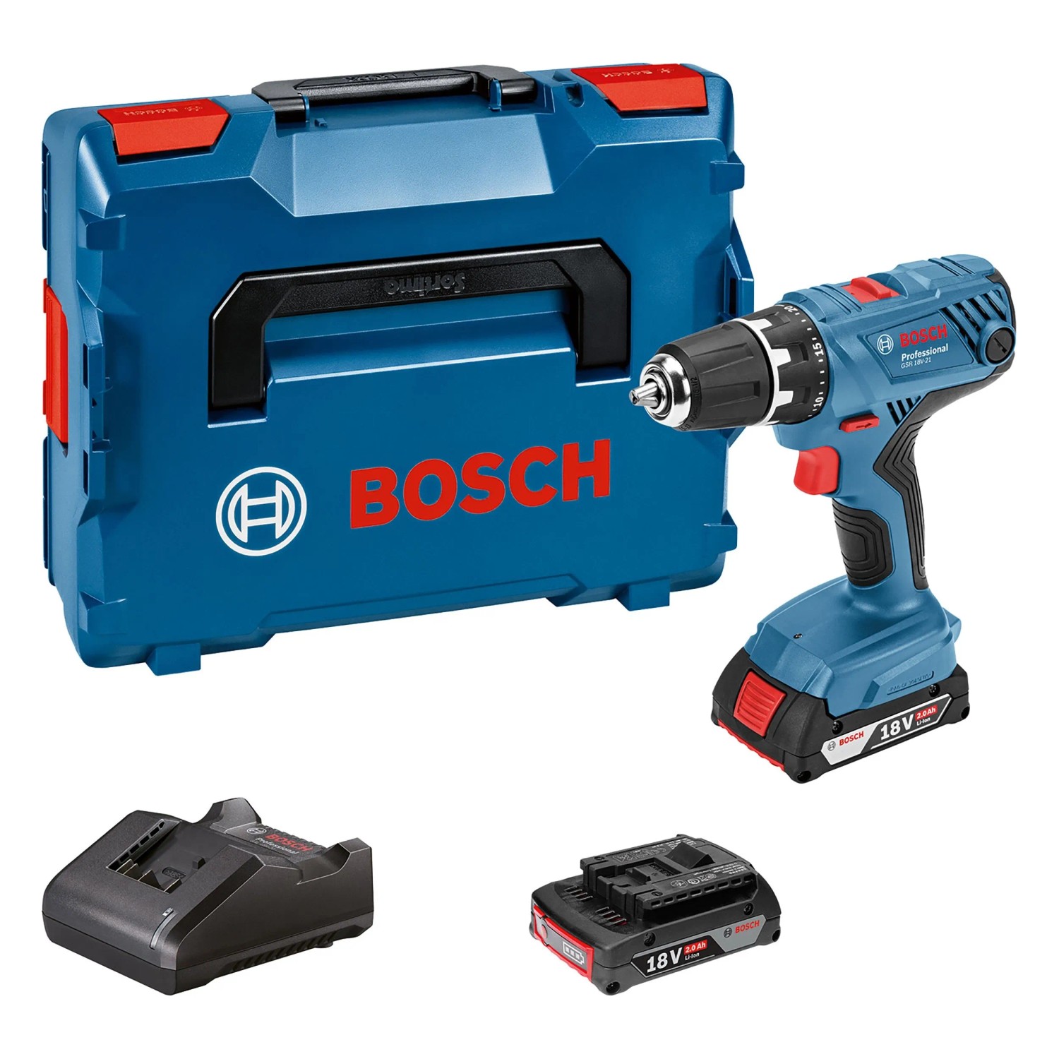Blauer Bosch Professional Akku-Bohrschrauber GSR 18V-21 Set mit 2 Akkus, Ladegerät und L-Case.