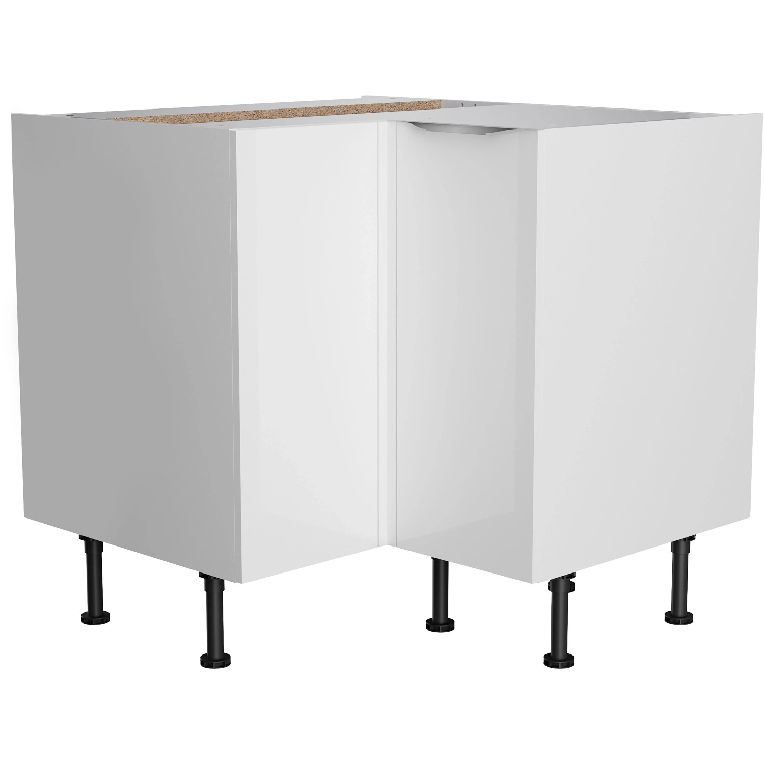 Weißer Optifit Eckunterschrank Arvid986, 90/90 cm, mit Tür und schwarzen Füßen. Küchen Eckschrank für mehr Stauraum.