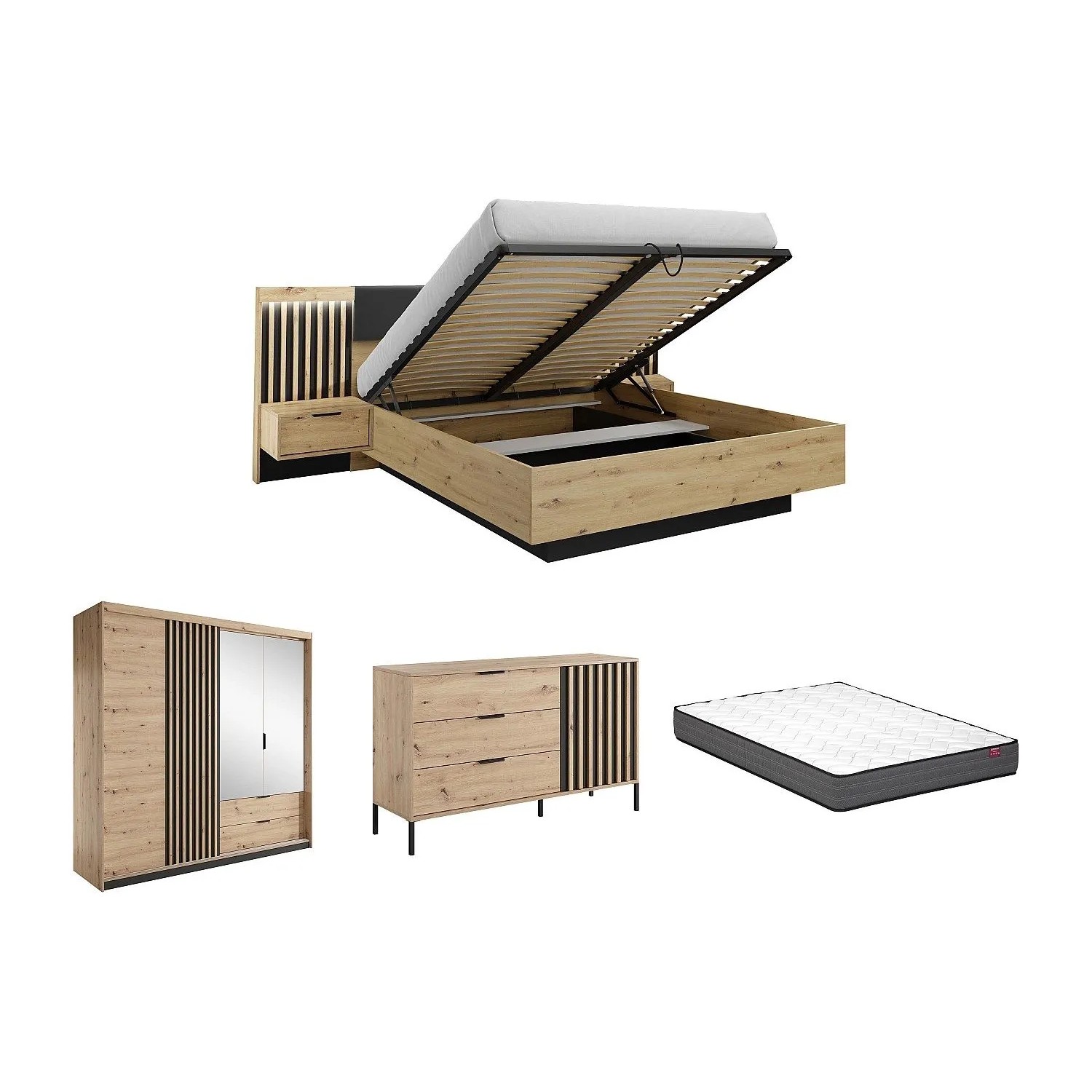 Vente-unique Schlafzimmer Komplett Ariada Schwarz  Naturfarben Hell 163.2 cm